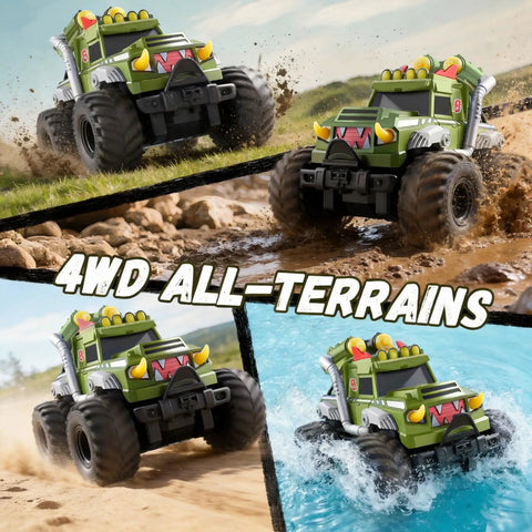4WD action of 3 In 1 Amphibious RC Car Boat Water Gun With 2.4GHz Remote, waterproof all-terrain monster truck style toy for kids
