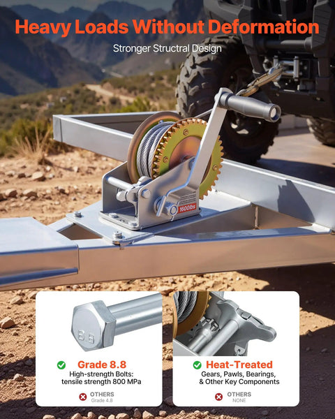 Beefy 1600 Lb Boat Winch With 32.8 Ft Steel Wire Hand Crank Towing Winch Two Way Ratchet Anti Slip Handle Easy Install For Boat Trailer And ATV Towing mounted on trailer with steel cable
