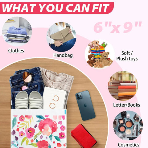 Durable 6x9 Floral Poly Mailers displaying items like clothes, handbag, toys, books, cosmetics showcasing capacity and versatility.