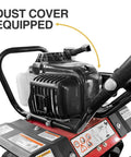 Close-up of dust cover on upgraded 40cc 4 cycle tiller mini cultivator with 6 forged steel tines, vertical shaft engine.