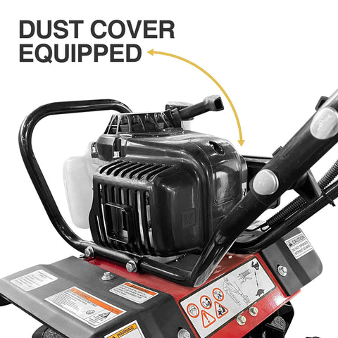 Close-up of dust cover on upgraded 40cc 4 cycle tiller mini cultivator with 6 forged steel tines, vertical shaft engine.
