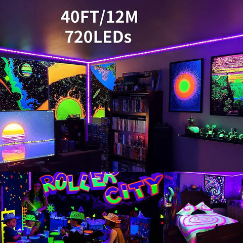 40ft Black Light Strip With 720 LEDs, UV glow illuminating Halloween and neon decor, posters, and room displays
