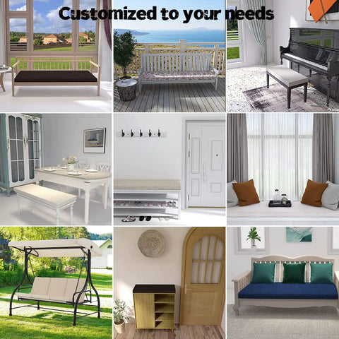 Collage of Custom Size Bench Cushion With Linen Cover And Zipper For Indoor Outdoor Benches Universal Fit Seat Pad on various benches