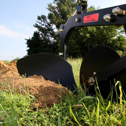 Tow Behind Moldboard Plow For Sleeve Hitch 10 Inch Cutting Width With Adjustable 8 To 10 Inches Furrow Size Beefy Steel Garden Plow For Easy Soil Prep And Cultivation Black Finish Requires Sleeve Hitch Not Included in a garden with grass and soil.