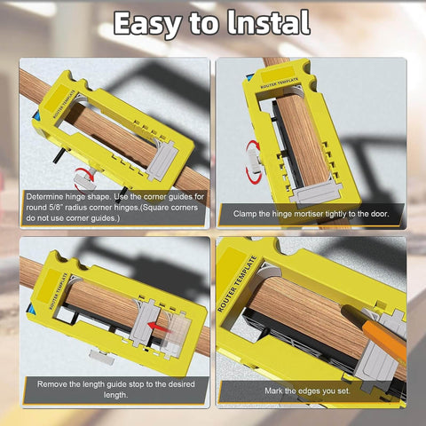 All-In-One Door Hinge Jig Kit For Routers, Adjustable Template For Three To Five Inch Door Hinge Mortises, in use on wood surface.