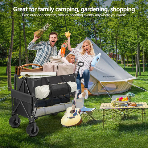 Heavy Duty Double Decker Wagon Collapsible Cart With 600 Lbs Load And 400 L Capacity Foldable Utility Cart in outdoor camping setting