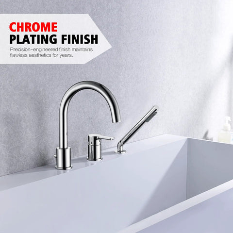 3 Hole Deck Mount Roman Tub Faucet With Hand Shower Chrome Finish Solid Brass Body Includes Valve And 59 Inch Hose