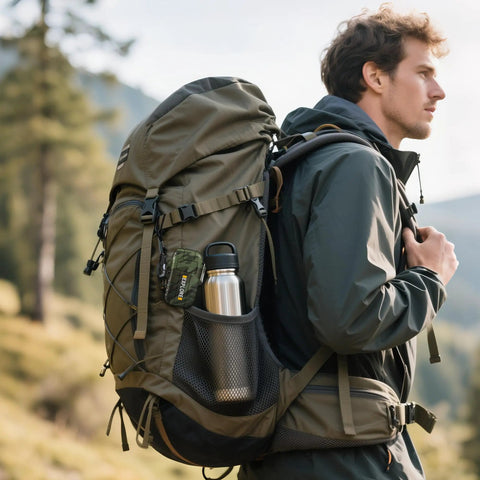 Hiker with backpack carrying USB C Rechargeable Plasma Lighter With Windproof Flameless Arc Electric Lighter IP56 Waterproof