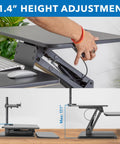 Standing Desk Converter With Dual Monitor Mount And Large Keyboard Tray, Sit Stand Riser showing 11.4 inch height adjustment.
