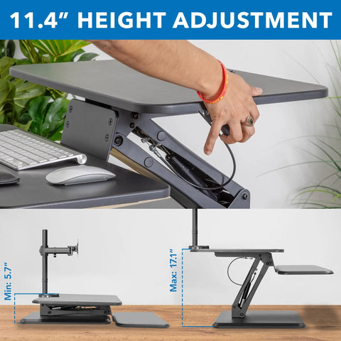 Standing Desk Converter With Dual Monitor Mount And Large Keyboard Tray, Sit Stand Riser showing 11.4 inch height adjustment.