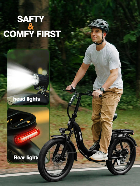 Beast 1200W Folding Fat Tire Ebike With 48V 13Ah Battery, NFC Unlock, Step-Through Cargo Frame, 20x3 Fat Tires, Up To 55 Miles, Speeds Over 20 MPH, 7-Speed Gearing, Black rider on trail with headlight and rear light