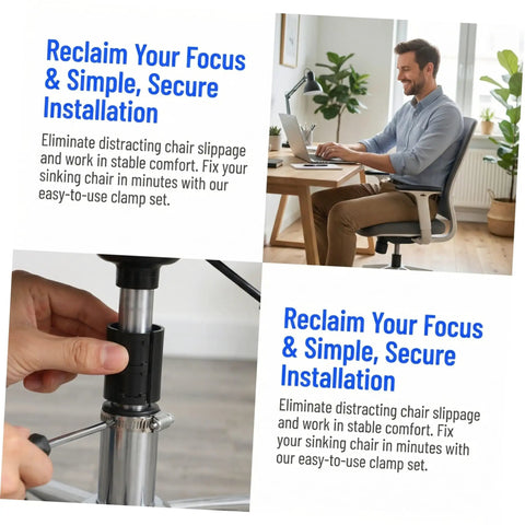 Office Chair Repair Kit With 36 Plastic Tube Clips And 1.2 Inch Stainless Steel Hose Clamps Anti Sinking Clamp Fix For Adjustable Height Cylinders Diy Chair Repair Tools Quick Fix Solution displayed with user and installation guide.
