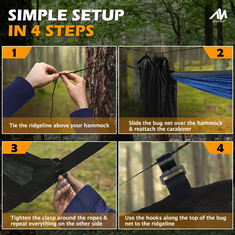 Extra Large Hammock Bug Net With Double Sided Zipper 11.15 Ft Long By 5 Ft Wide steps for setup in forest