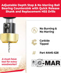 Carbide Tipped Countersink Drill Bit Set With Ball Bearing Guide AMS-628 6-Piece for non-ferrous materials close-up view.