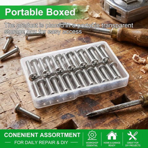 Heavy Duty 30 Pcs #8-32 X 1-3/4 Inch 304 Stainless Steel Machine Screws For Wall Plates Drawers Cabinets in a clear storage box.