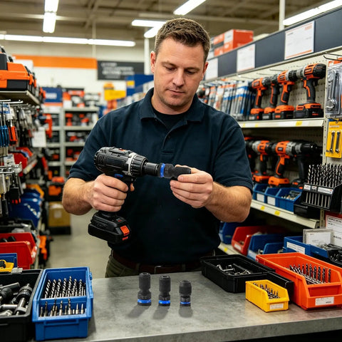 Get Your Hands On This Awesome Bolt Extractor Kit With Multi Spline Easy Out Set And Quick Release Tool, man using drill adapter in tool store