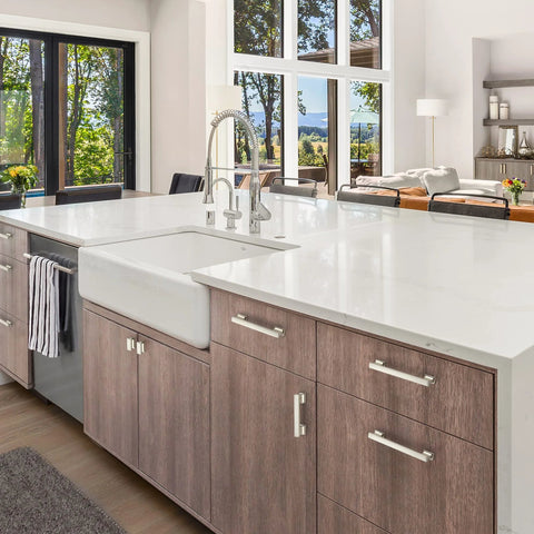 Modern kitchen with 10 Pack 5 Inch Brushed Nickel Cabinet Pulls For Cabinets And Furniture, highlighting brushed nickel finish on drawers.