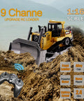 Remote Control Bulldozer One Sixteenth Scale With Light And Sound Nine Channel RC Toy with remote on dirt terrain