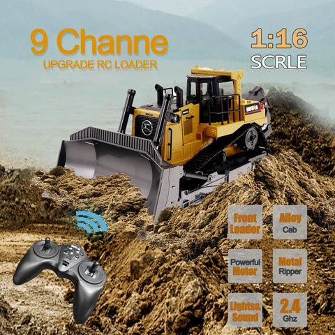 Remote Control Bulldozer One Sixteenth Scale With Light And Sound Nine Channel RC Toy with remote on dirt terrain