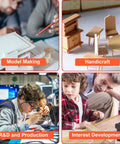 Collage of activities showing model making, handicraft, R&D, and interest development using drilling machine.