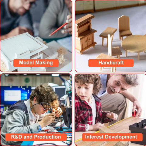 Collage of activities showing model making, handicraft, R&D, and interest development using drilling machine.