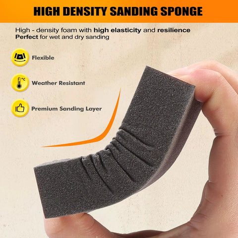 Close-up of a hand bending Extra Fine 400 Grit Pro Grade Manual Sanding Sponge Sheet 4 Inch, showing flexibility and texture