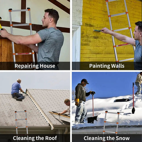 One-Button Retractable Telescoping Attic Ladder 8.5 Ft Aluminum Extension Collapsible Heavy-Duty 330 Lb Max Capacity shown in various uses