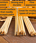 Super Solid Wooden Dowel Rods 60 Pcs Assorted 12 Inch Long Natural Wood Sticks 1/8 3/16 1/4 Inch Diameter Smooth Cut displayed on wooden surface.