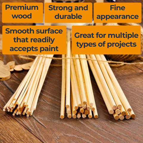 Super Solid Wooden Dowel Rods 60 Pcs Assorted 12 Inch Long Natural Wood Sticks 1/8 3/16 1/4 Inch Diameter Smooth Cut displayed on wooden surface.