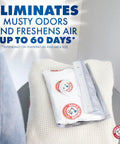 Fragrance Free Hanging Moisture Absorber And Odor Eliminator 2 Pack for closets showing packaging on a beige cushion with logo