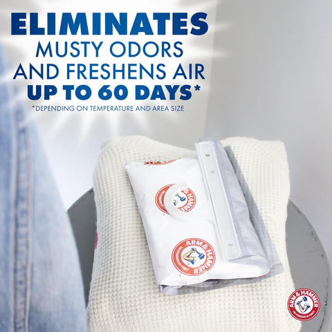 Fragrance Free Hanging Moisture Absorber And Odor Eliminator 2 Pack for closets showing packaging on a beige cushion with logo
