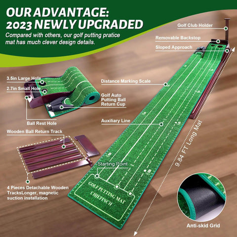 Indoor Golf Putting Mat With Three Track Putting Green And Automatic Ball Return, Pro Grade Home Office Practice Kit