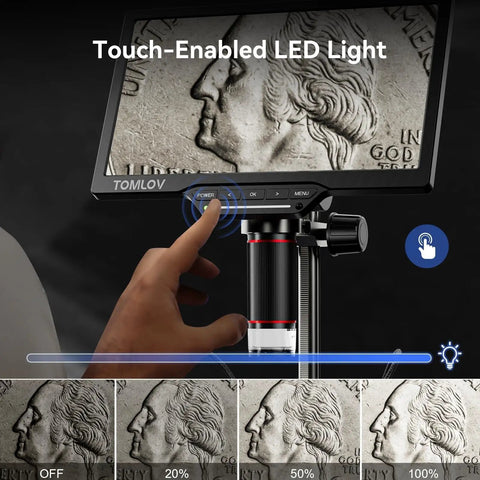 All In One 3K Digital Microscope With 10.1 Inch HDMI LCD Screen For Coins And Soldering, Coin Detail Magnifier Camera, 38MP Zoom, TV PC Compatible, DIY Grid Lines, 16GB Built In, Ultra Clear View For Tiny Parts. Touch-controlled LED light on 10.1-inch screen showing coin detail.