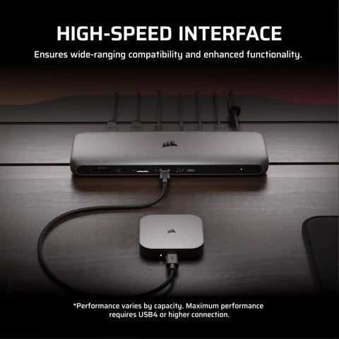 Blazing Fast USB4 Portable External Type-C SSD 2TB With 4000 MBps Read And 3600 MBps Write, connected to a docking station