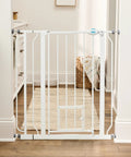 Extra Tall Walk Through Dog Gate For Doorways And Stairs Metal Pet Gate With Small Pet Door Expands From Twenty Nine And A Half To Thirty Six And A Half Inches White Secure Indoor Barrier For Big And Jumpy Dogs in a home setting