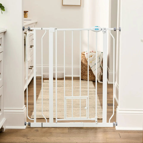 Extra Tall Walk Through Dog Gate For Doorways And Stairs Metal Pet Gate With Small Pet Door Expands From Twenty Nine And A Half To Thirty Six And A Half Inches White Secure Indoor Barrier For Big And Jumpy Dogs in a home setting