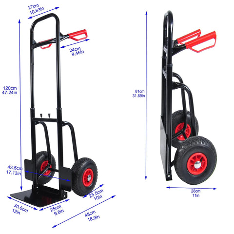 Heavy Duty Hand Truck Dolly With 330 Lb Capacity And 10 Inch Rubber Wheels Foldable Cart For Hauling Boxes Furniture And Appliances In Warehouse Or Home Built From Steel For Maximum Strength And Back Saving Convenience, folded