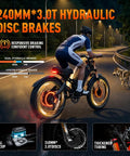Beast Mode Dual Motor Electric Bike For Adults With Loaded Cargo Rack And Massive Battery cruising on a road at night, highlighting 240mm disc brakes.