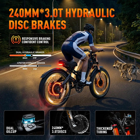 2026 Romeo Pro 3 Electric Mountain Bike For Adults with 240mm hydraulic disc brakes on night road, showcasing rugged design.