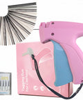 No Sew Stitch Gun for Clothes with 2000 Fasteners and 6 Needles, showing the pink handheld tool and fasteners.