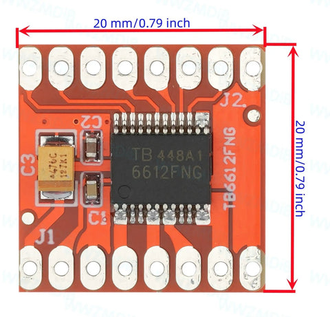 Close-up of TB6612FNG dual motor driver board, four-pack for Arduino Raspberry Pi, compact design with dimensions 20mm x 20mm.