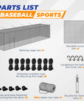 Parts list for Batting Cage Net 35x12x12 Ft With 2 In 1 Movable Inner Net; includes net, ropes, carabiners, and shuttle.