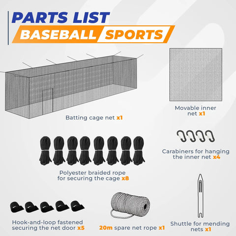 Parts list for Batting Cage Net 35x12x12 Ft With 2 In 1 Movable Inner Net; includes net, ropes, carabiners, and shuttle.