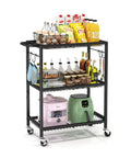 Three-Tier Rolling Cart With 150 Pound Capacity, Lightweight Black Kitchen Storage Cart With snacks, jars, and appliances