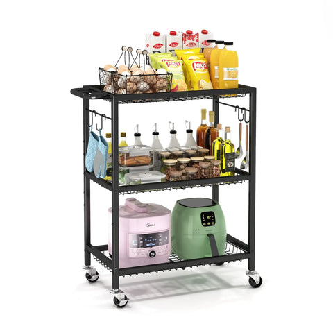 Three-Tier Rolling Cart With 150 Pound Capacity, Lightweight Black Kitchen Storage Cart With snacks, jars, and appliances