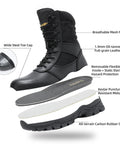 8 Inch Steel Toe Work Boots With Side Zipper For Industrial Construction And Roofing Lightweight Comfortable Indestructible Tough As Nails Puncture Proof Safety Boots With All Terrain Non Slip Outsole For Warehouse Logger Size Nine Point Five Black showing components and materials.