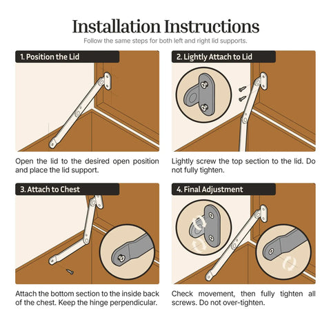 Heavy Duty Antique Brass Plated Lid Stay Set installation guide for drop front desks, showing step-by-step mounting process.