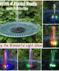Solar Powered Fountain Pump For Bird Bath And Garden Ponds With Upgraded Glass Panel, showcasing colorful LED lights.