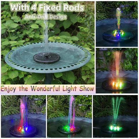 Solar Powered Fountain Pump For Bird Bath And Garden Ponds With Upgraded Glass Panel, showcasing colorful LED lights.