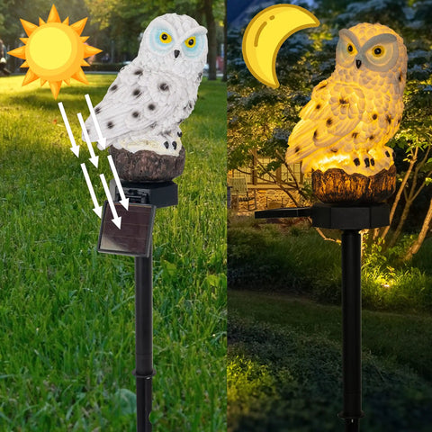 Owl Figure Solar LED Lights 2 Pack Garden Decor With Stakes Battery Free Outdoor Yard Pathway Lighting for Patio and Lawn, Scare Birds Away, Resin Owl Ornaments, sun and moon illustration, daytime solar charging, nighttime illumination.